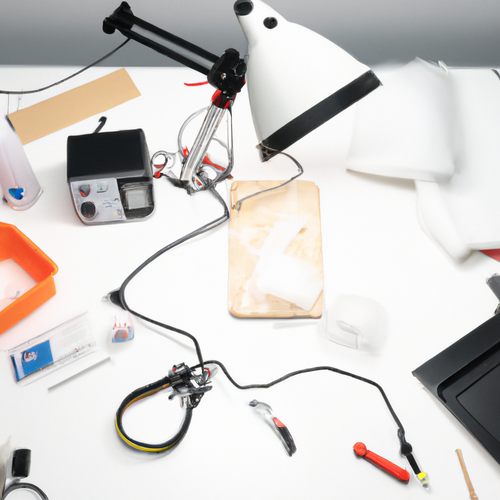 Espace de travail moderne avec kits électroniques et fer à souder, ambiance chaleureuse